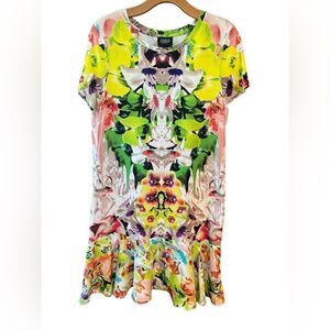 Parabal Gurung Sz M Néon Yellow Ink Blot Print Sheer Kick Hem Shift Dress